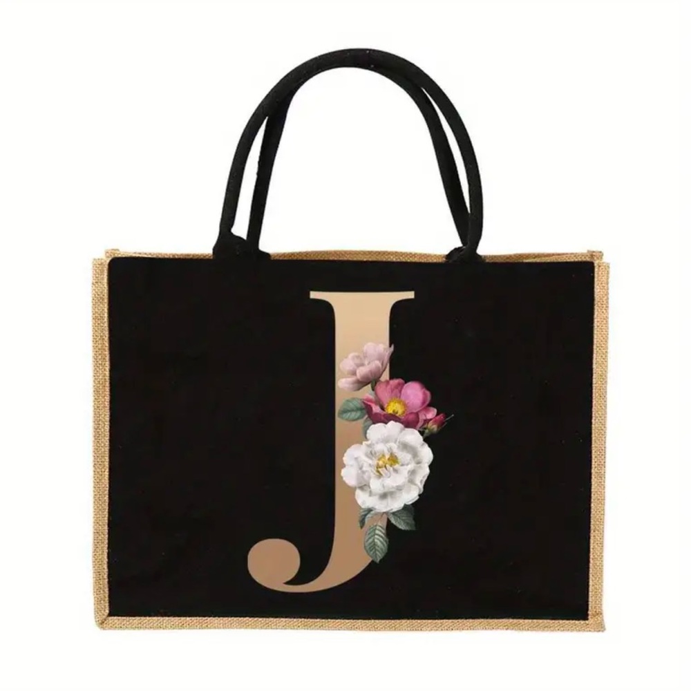 NIP Floral Letter Print Boho Linen Bohemian Beach Tote Bag Travel Initial J